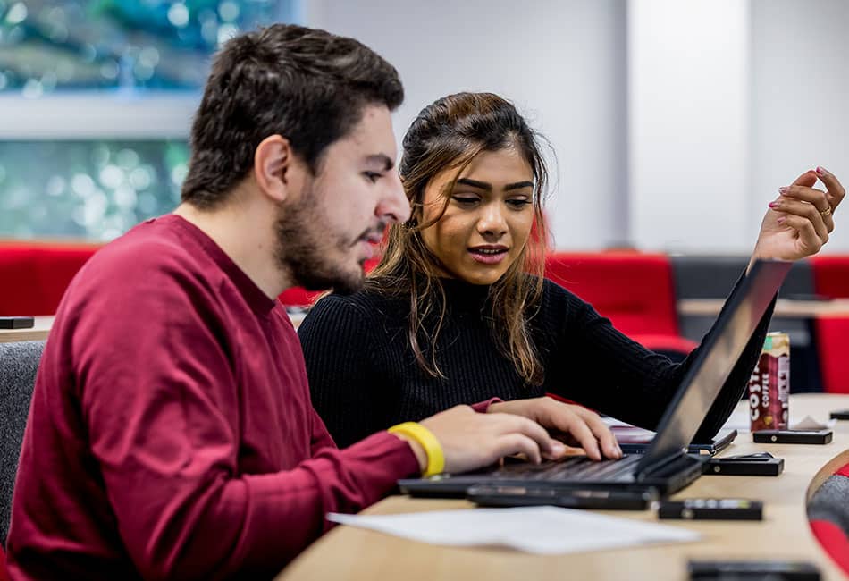 Two students discussing a project while looking at a laptop screen.